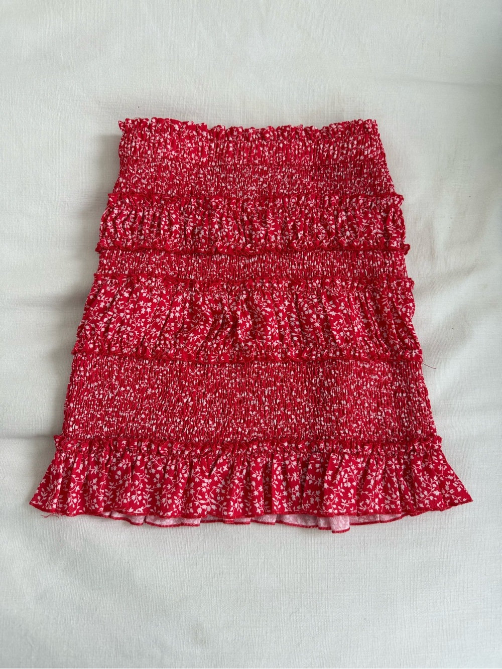 Red Smocked Ruffle Mini Skirt